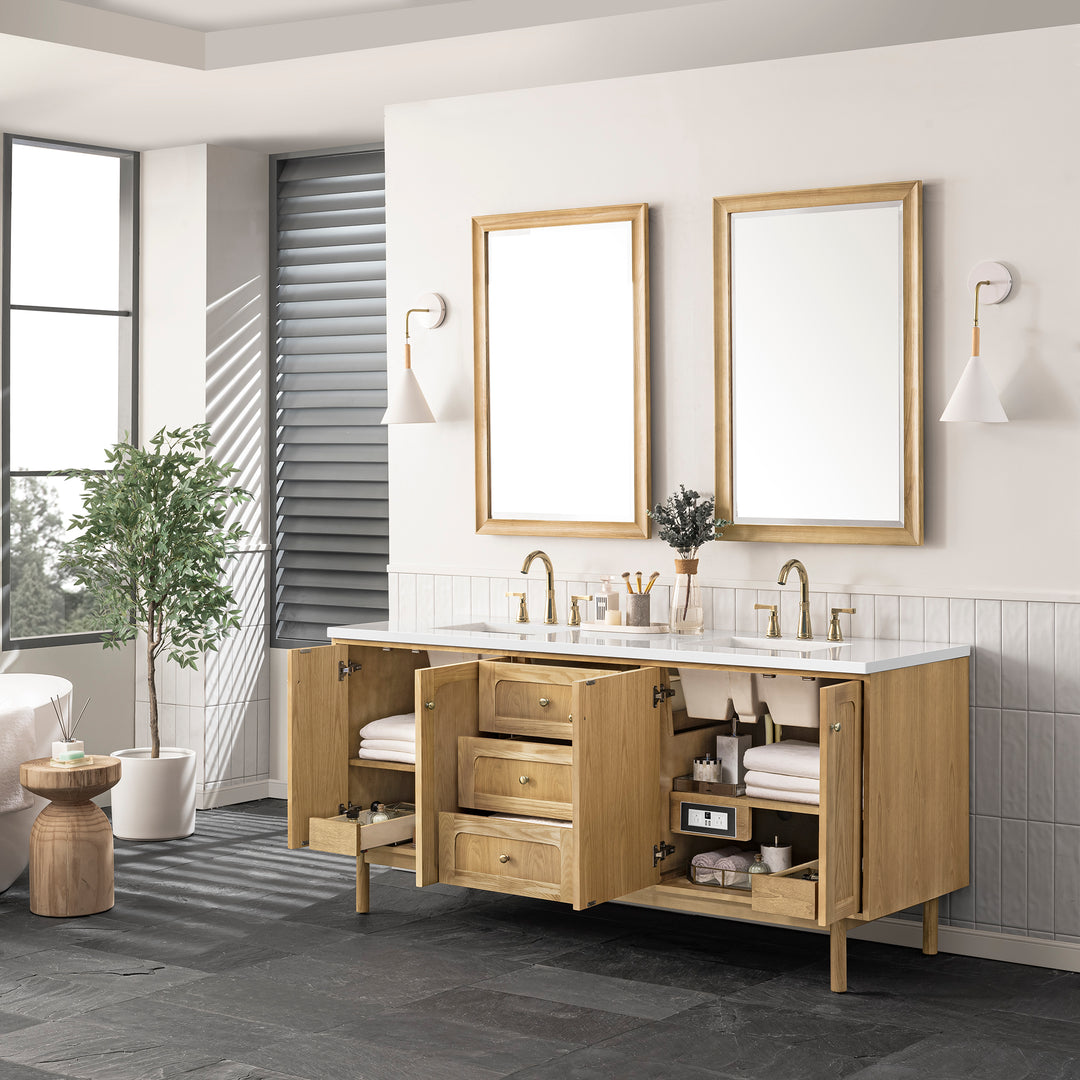 Laurent 72" Double Vanity, Light Natural Oak w/ 3 CM White Zeus Top