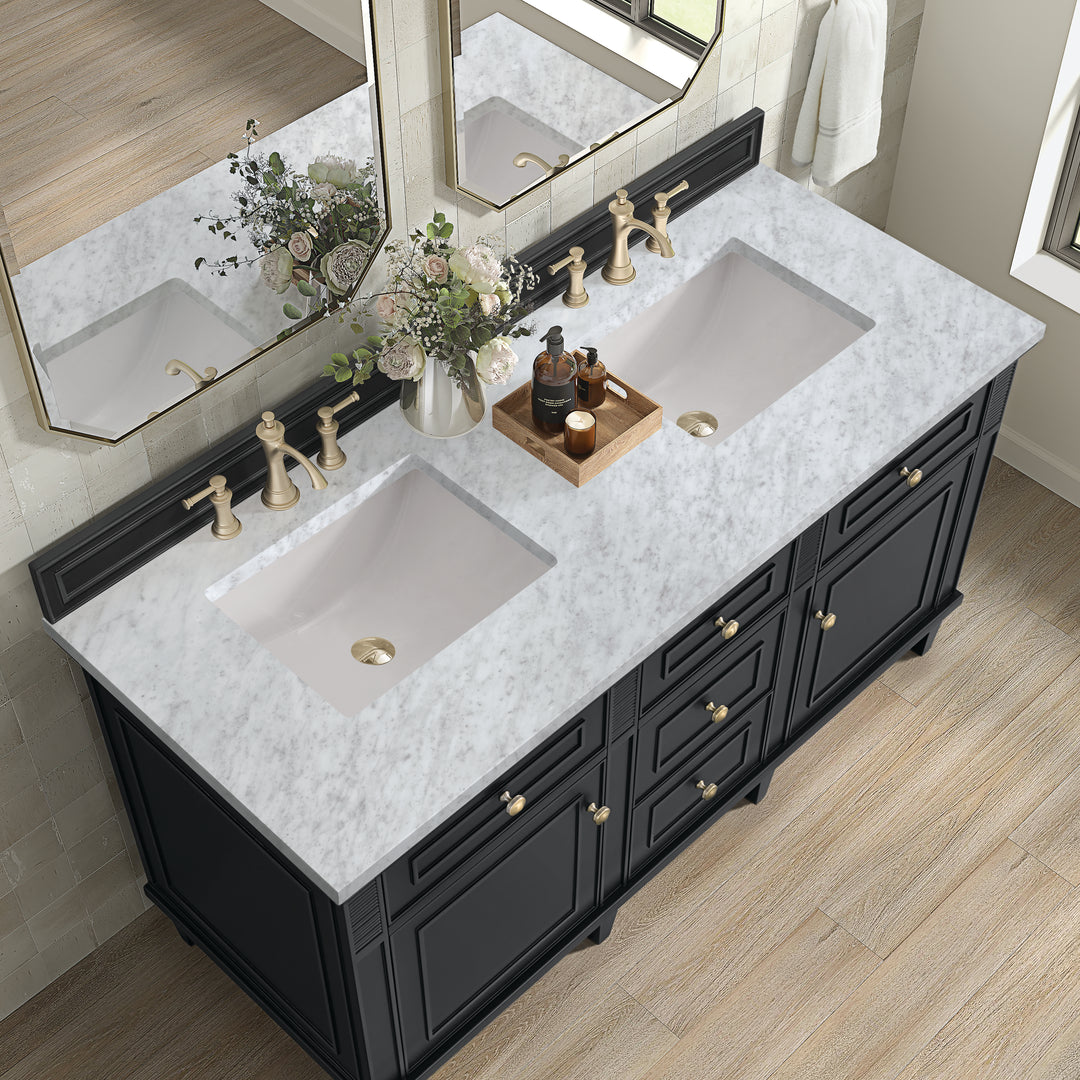 Lorelai 60" Double Vanity, Black Onyx w/ 3 CM Carrara White Marble Top