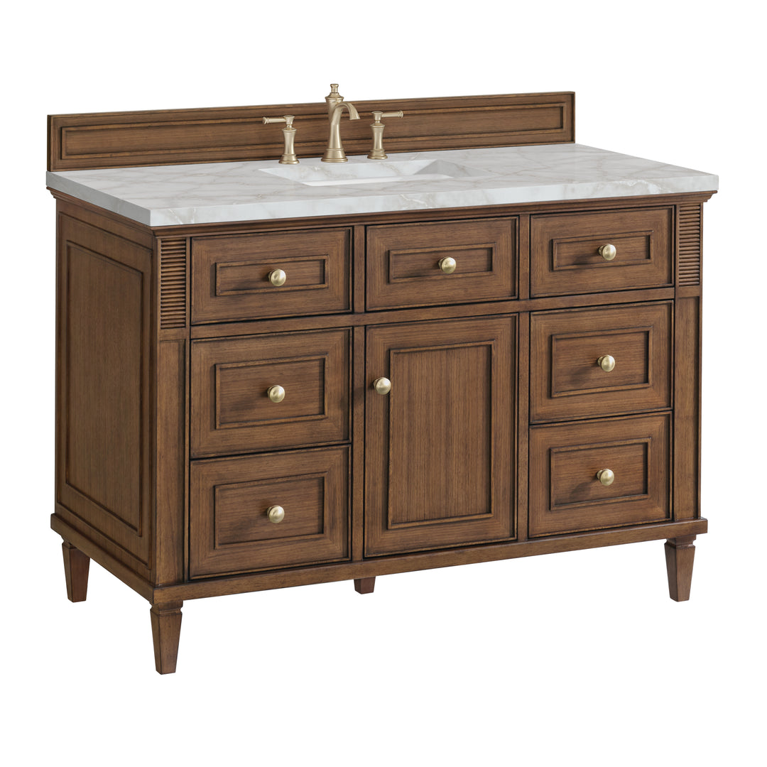 Lorelai 48" Single Vanity, Mid-Century Walnut w/ 3 CM Victorian Silver Silestone Top w/FreePower Wireless Charger