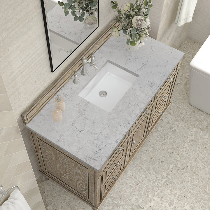 Lorelai 48" Single Vanity, Whitewashed Oak w/ 3 CM Eternal Jasmine Pearl Silestone Top w/FreePower Wireless Charger