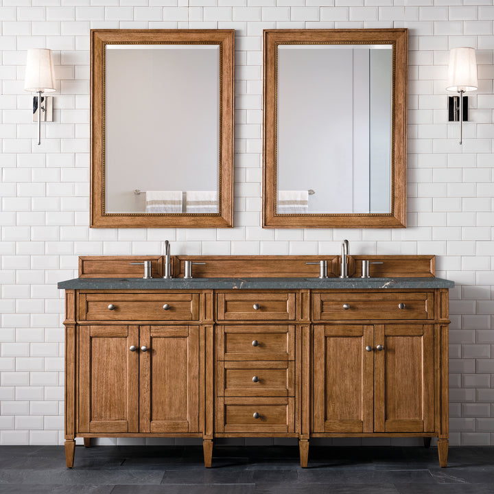 Brittany 72" Double Vanity, Saddle Brown w/ 3 CM Parisien Bleu Silestone Top w/FreePower Wireless Charger