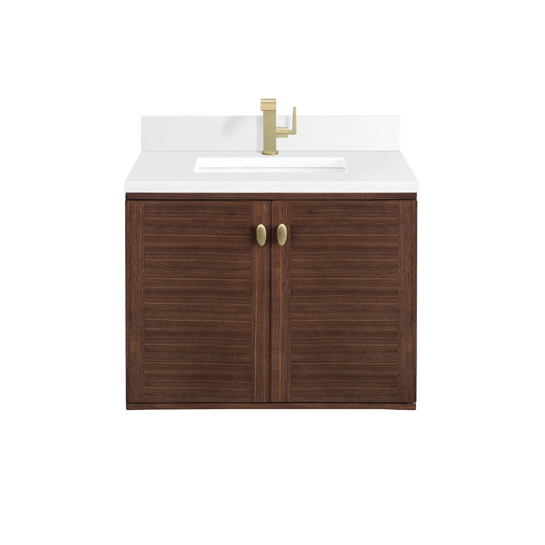 Amberly 30" Single Vanity, Mid-Century Walnut w/ Single Hole 3 CM White Zeus Top & Backsplash