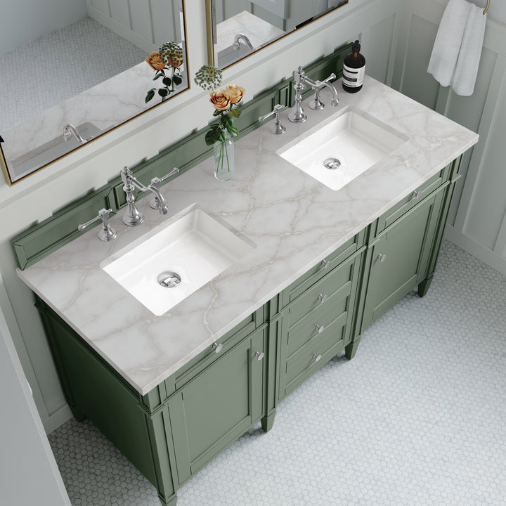 Brittany 60" Double Vanity, Smokey Celadon w/ 3 CM Victorian Silver Top w/FreePower Wireless Charger
