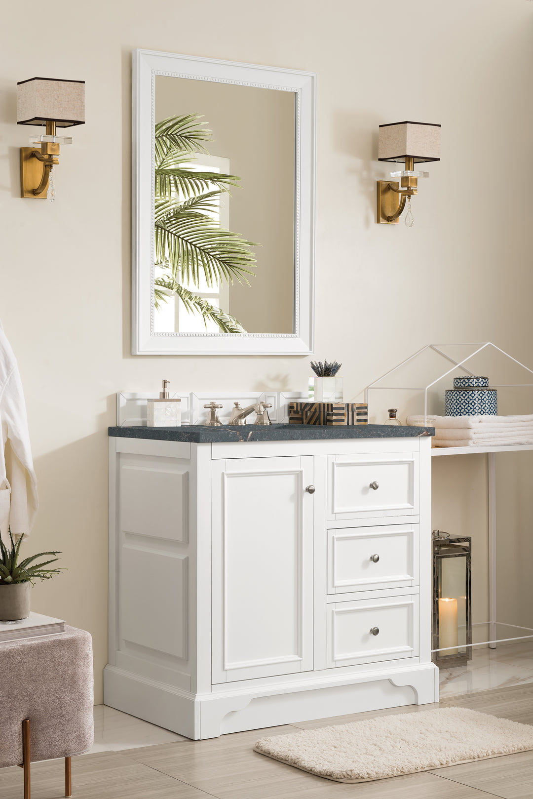 De Soto 36" Single Vanity, Bright White w/ 3 CM Parisien Bleu Silestone Top