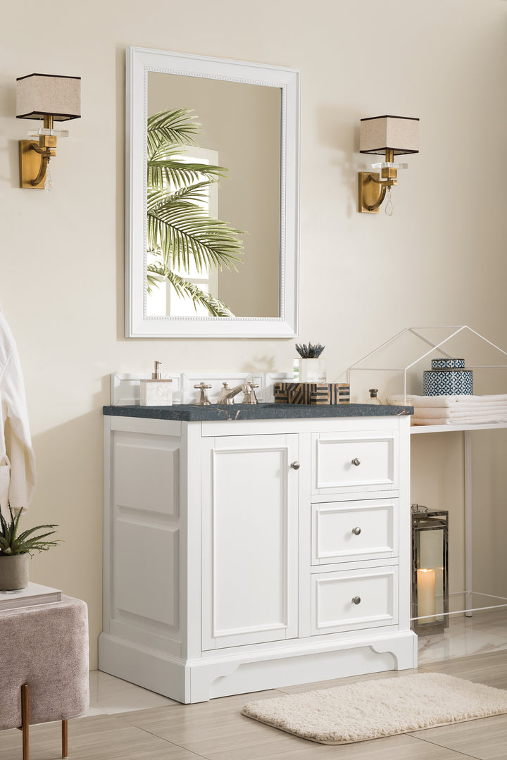 De Soto 36" Single Vanity, Bright White w/ 3 CM Parisien Bleu Silestone Top