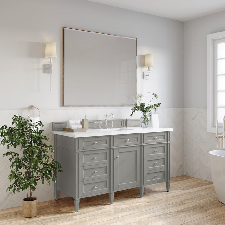 Brittany 60" Single Vanity, Urban Gray w/ 3 CM White Zeus Silestone Top