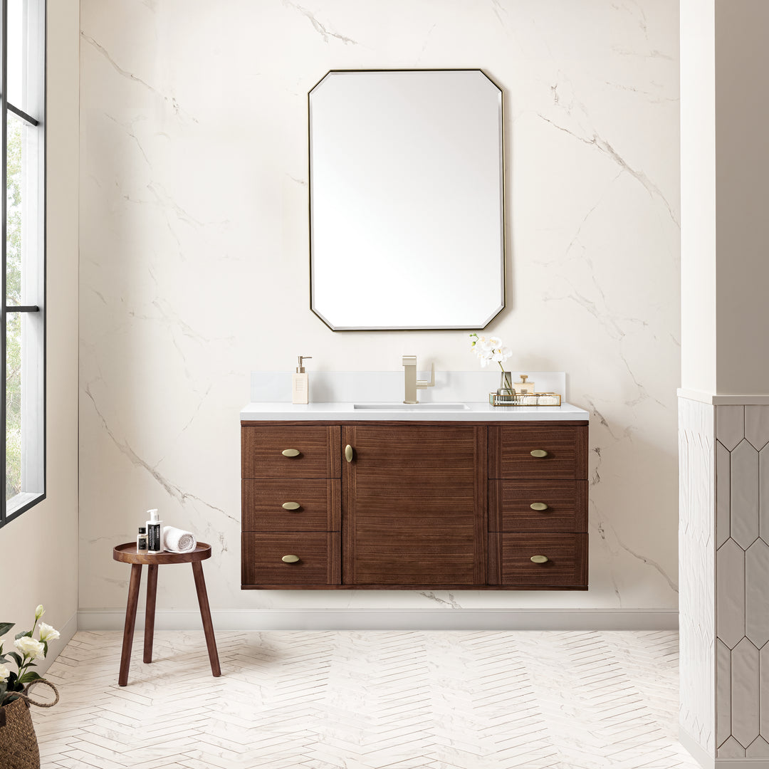 Amberly 48" Single Vanity, Mid-Century Walnut w/ Single Hole 3 CM White Zeus Top & Backsplash
