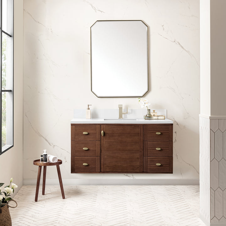 Amberly 48" Single Vanity, Mid-Century Walnut w/ Single Hole 3 CM White Zeus Top & Backsplash