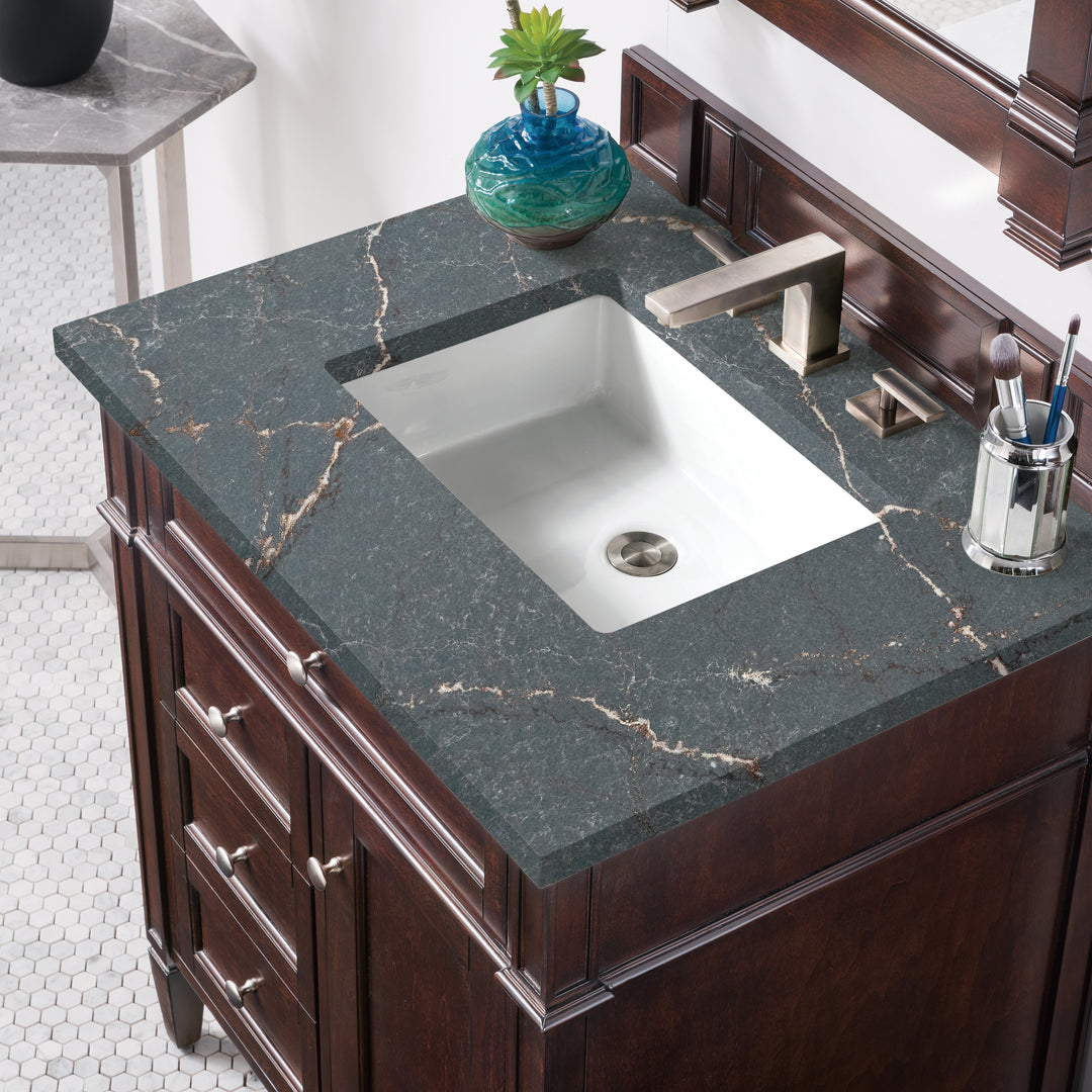 Brittany 30" Single Vanity, Burnished Mahogany, w/ 3 CM Parisien Bleu Silestone Top