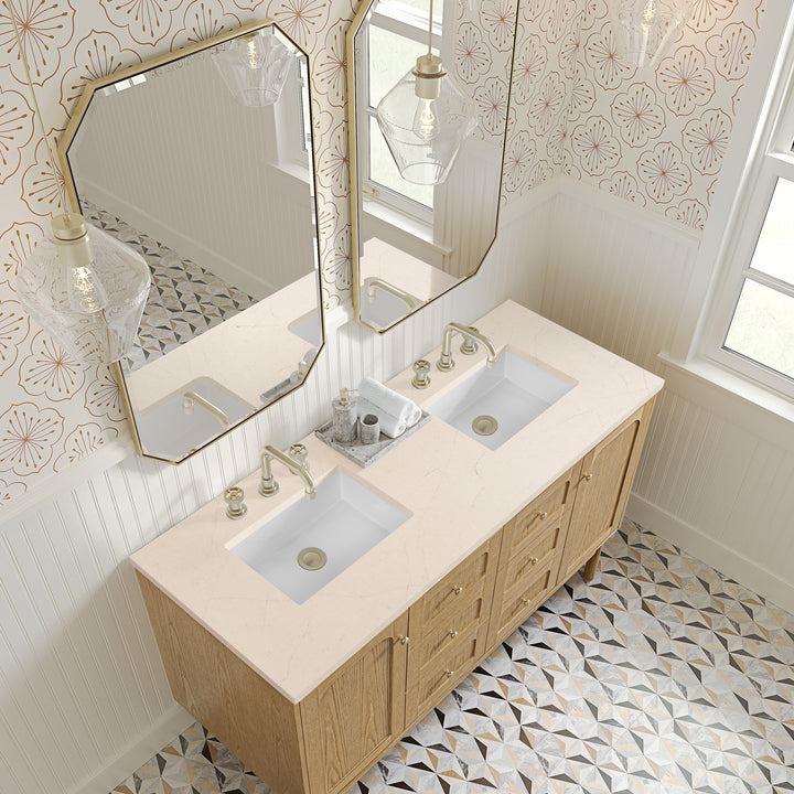 Laurent 60" Double Vanity, Light Natural Oak, w/ 3 CM Eternal Marfil Quartz Top