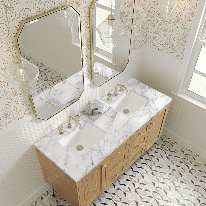 Laurent 60" Double Vanity, Light Natural Oak, w/ 3 CM Carrara Marble Top