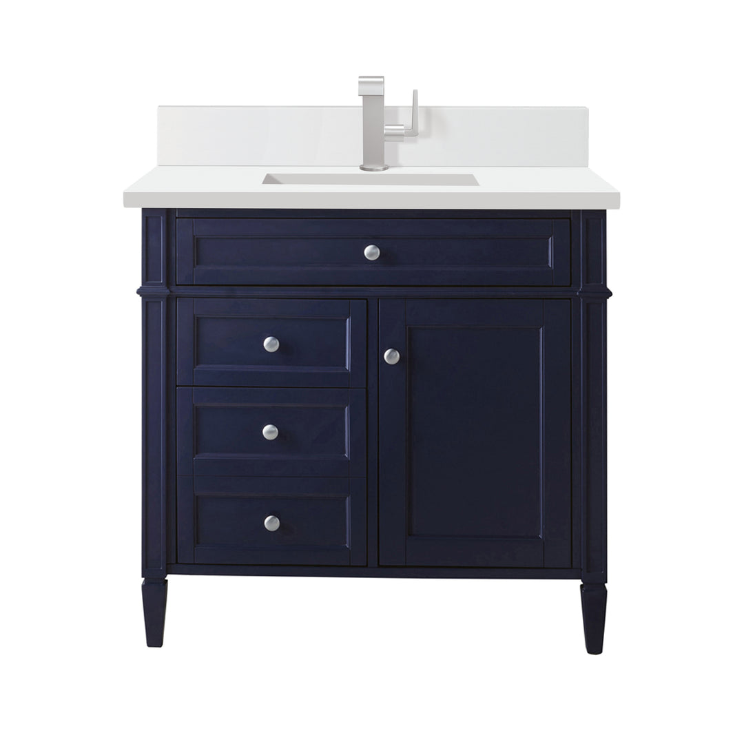 Brittany 36" Single Vanity, Victory Bleu w/ Single Hole 3 CM White Zeus Silestone Top & Backsplash