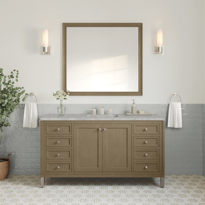 Chicago 60" Single Vanity, Walnut Whisper, w/ 3 CM Victorian Silver Silestone® Top