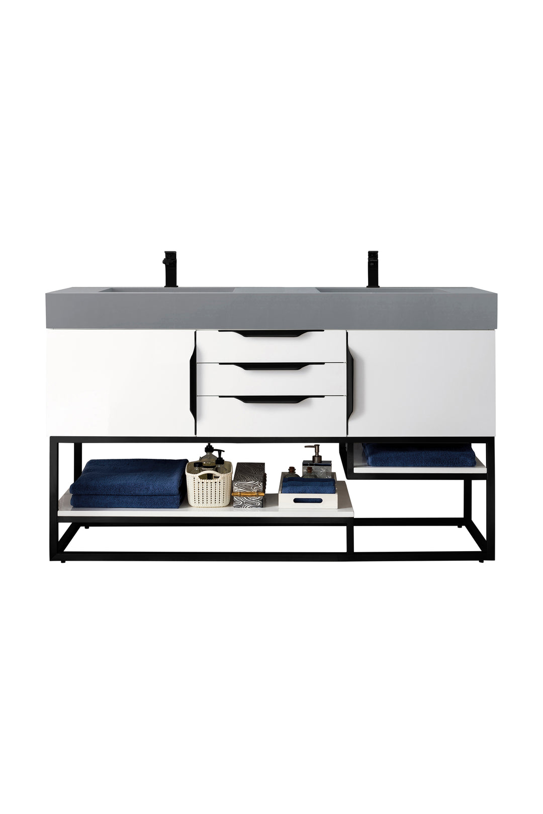 Columbia 59" Double Vanity, Glossy White, Matte Black w/ Dusk Grey Glossy Composite Stone Top