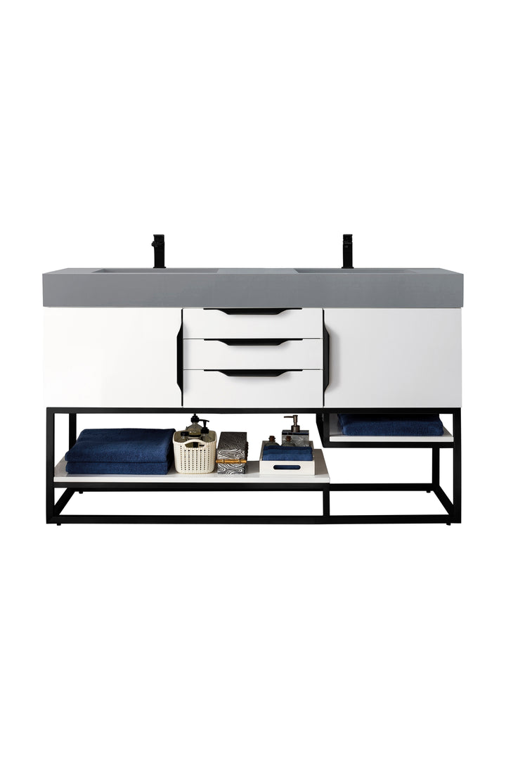 Columbia 59" Double Vanity, Glossy White, Matte Black w/ Dusk Grey Glossy Composite Stone Top