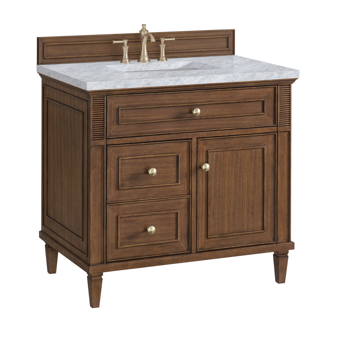 Lorelai 36" Single Vanity, Mid-Century Walnut w/ 3 CM Carrara White Marble Top