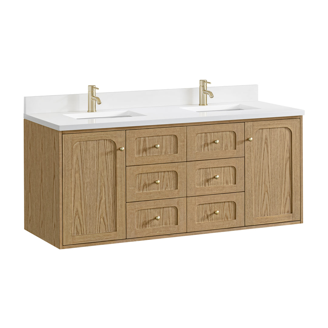 Laurent 60" Double Vanity, Light Natural Oak, w/ Single Hole 3 CM White Zeus Quartz Top & Backsplash