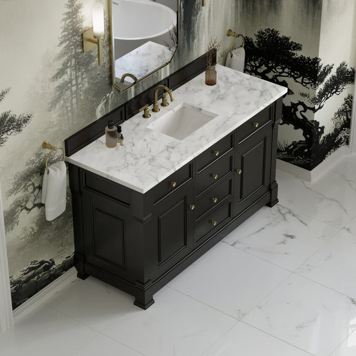 Brookfield 60" Single Vanity, Black Onyx w/3 CM Carrara White Marble Top