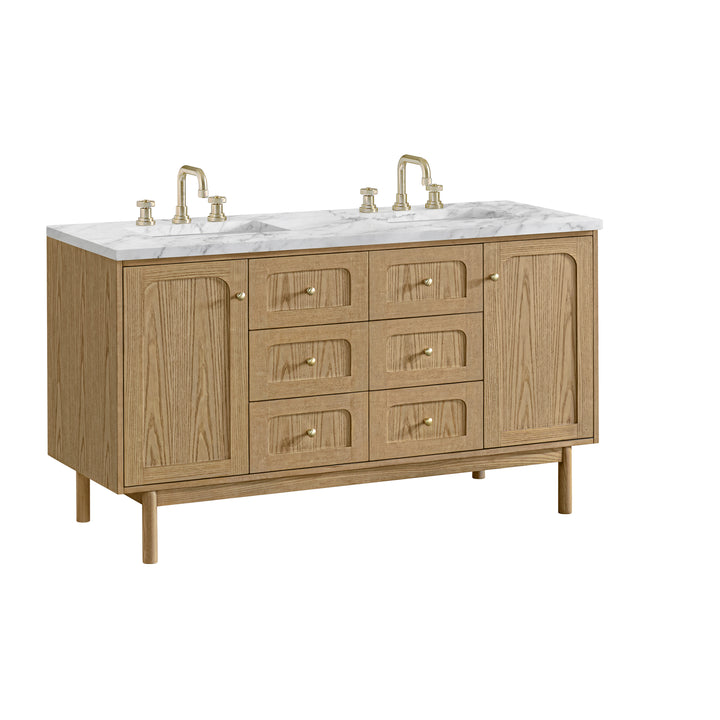Laurent 60" Double Vanity, Light Natural Oak, w/ 3 CM Carrara Marble Top