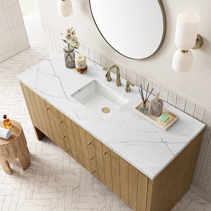 Hudson 60" Single Vanity, Light Natural Oak w/ 3 CM Ethereal Noctis Top w/ FreePower Wireless Charger