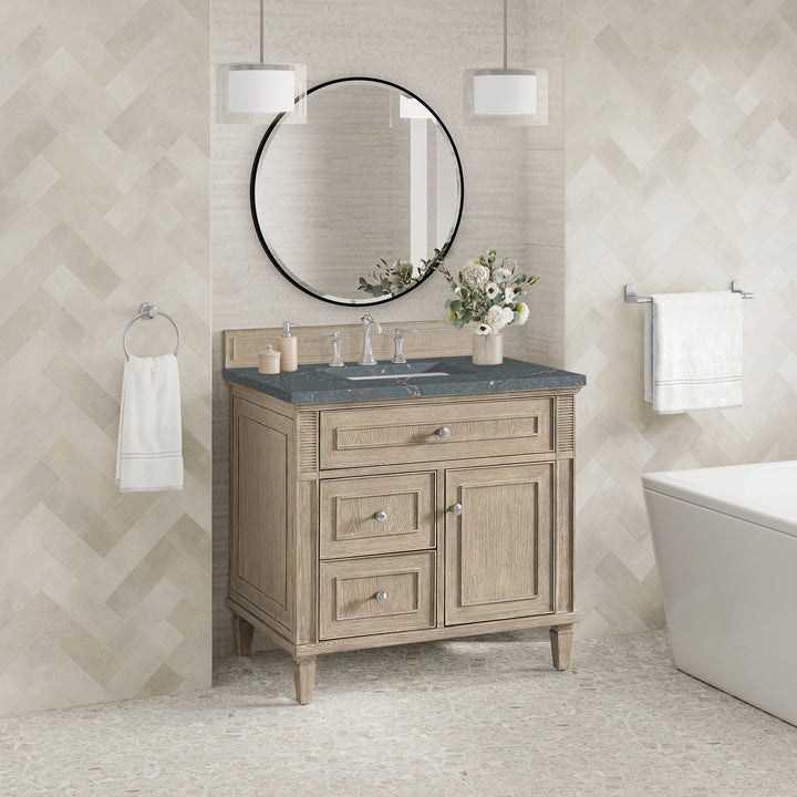 Lorelai 36" Single Vanity, Whitewashed Oak w/ 3 CM Parisien Bleu Silestone Top