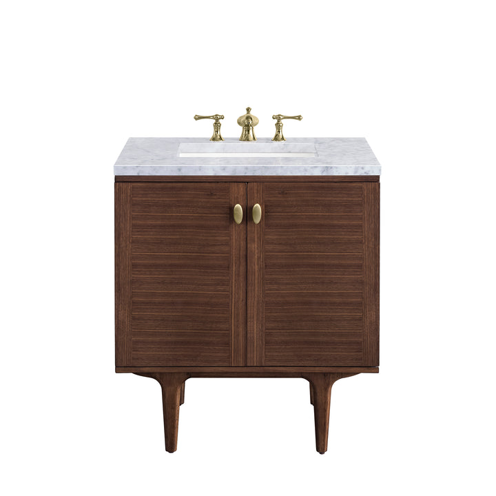 Amberly 30" Single Vanity, Mid-Century Walnut w/ 3 CM Carrara Marble Top