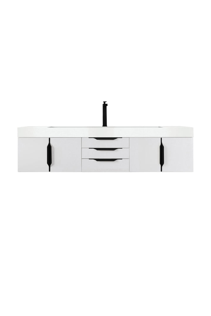 Columbia 72" Single Wall Mount Vanity, Glossy White, Matte Black w/ Glossy White Composite Stone Top