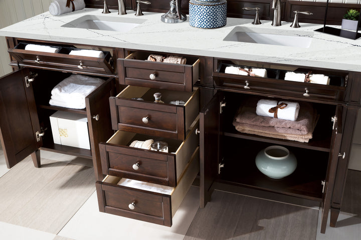 Brittany 72" Double Vanity, Burnished Mahogany w/ 3 CM Ethereal Noctis Silestone Top w/FreePower Wireless Charger