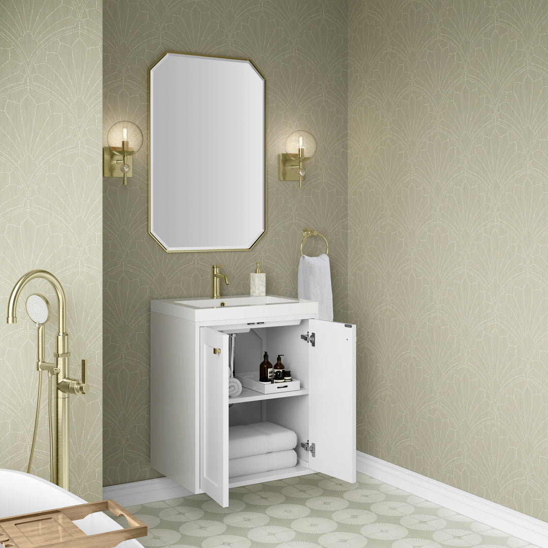Chianti 24" Single Vanity, Glossy White, Champagne Brass, w/ White Glossy Composite Stone Top