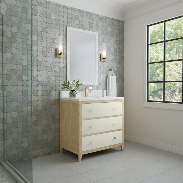 Celeste 36" Single Vanity, Sunwashed Oak with Embossed Shagreen w/ Single Hole 3 CM White Zeus Silestone Top & Backsplash