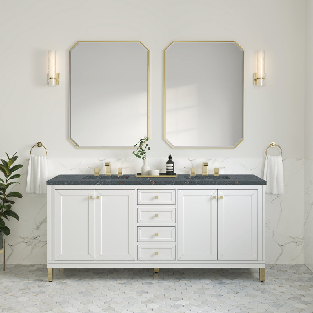 Chicago 72" Double Vanity, Glossy White, w/ 3 CM Parisien Bleu Silestone® Top w/FreePower Wireless Charger