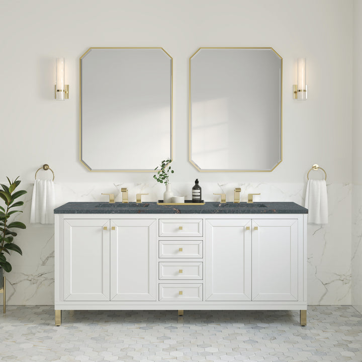 Chicago 72" Double Vanity, Glossy White, w/ 3 CM Parisien Bleu Silestone® Top w/FreePower Wireless Charger