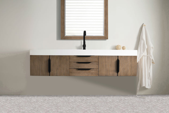 Columbia 72" Single Wall Mount Vanity, Latte Oak, Matte Black w/ Glossy White Composite Stone Top