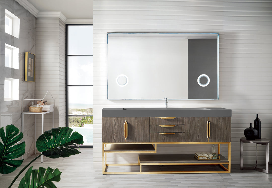 Columbia 72" Single Vanity, Ash Gray, Radiant Gold w/ Dusk Grey Glossy Composite Stone Top