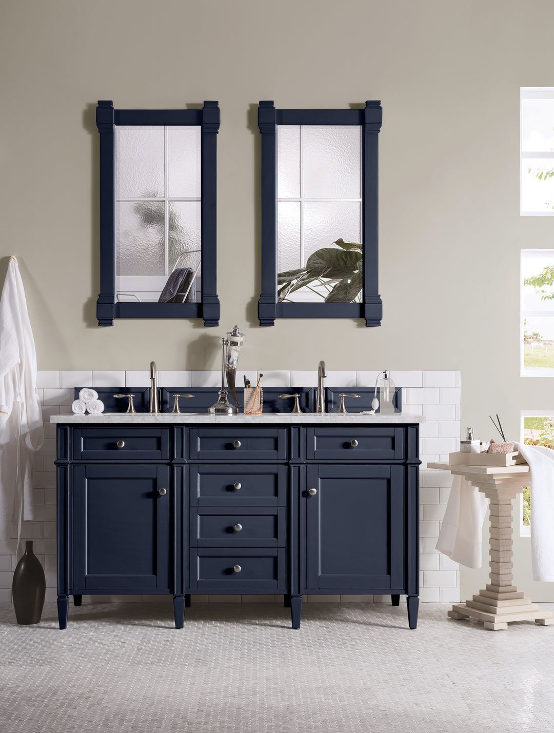 Brittany 60" Double Vanity, Victory Blue w/ 3 CM Carrara Marble Top