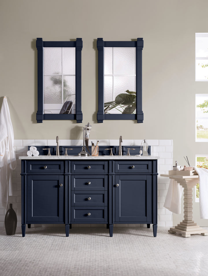Brittany 60" Double Vanity, Victory Blue w/ 3 CM Carrara Marble Top