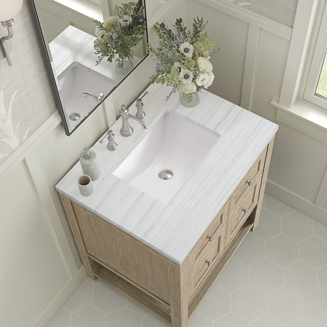 Breckenridge 30" Single Vanity, Whitewashed Oak w/ 3 CM Arctic Fall Solid Surface Top