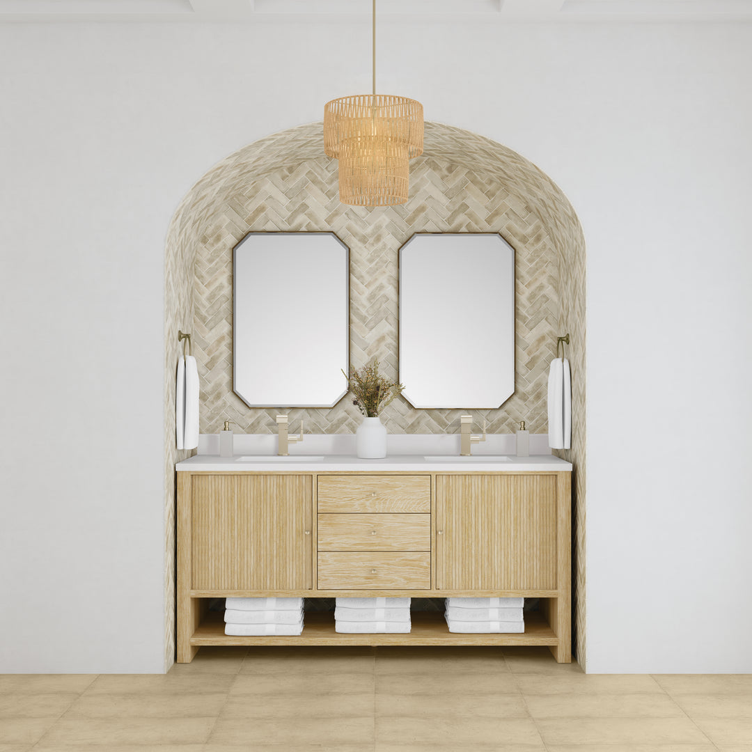 Marigot 72" Double Vanity, Sunwashed Oak w/ Hole 3 CM White Zeus Silestone Top & Backsplash