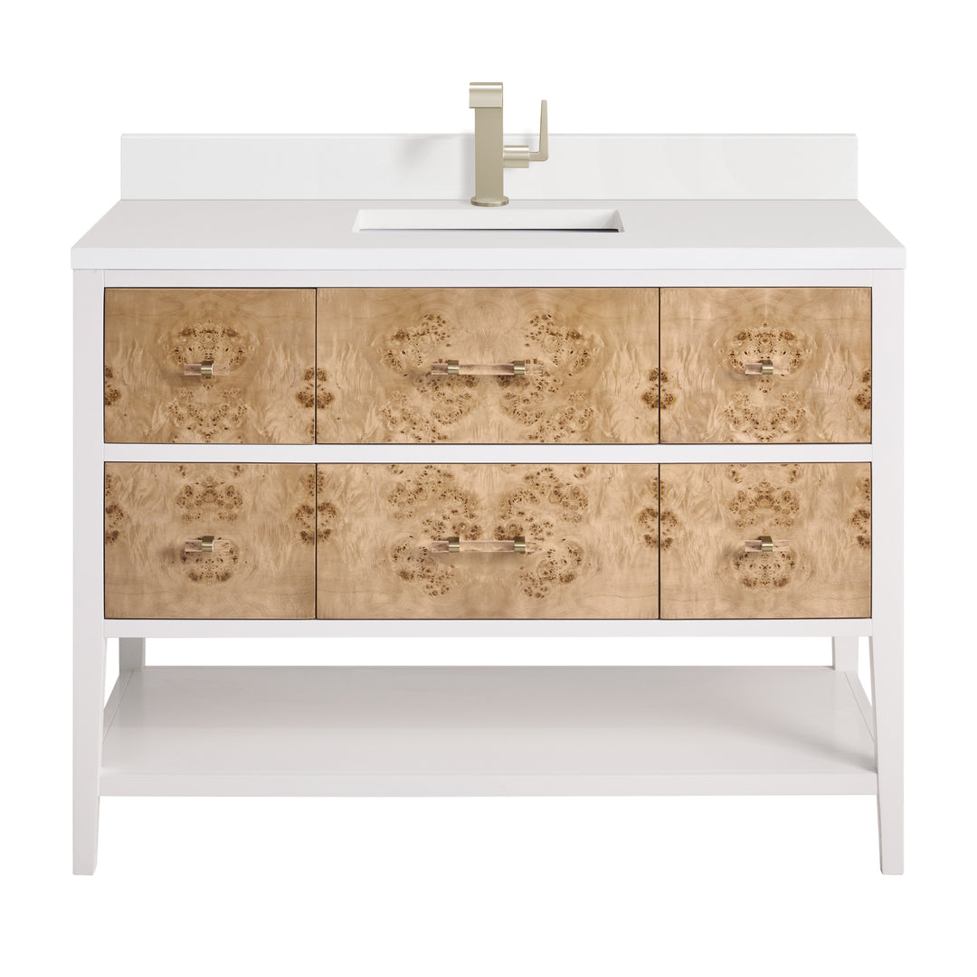Olena 48" Single Vanity, Light Mappa Burl and Polished White w/ Single Hole 3 CM White Zeus Silestone Top & Backsplash