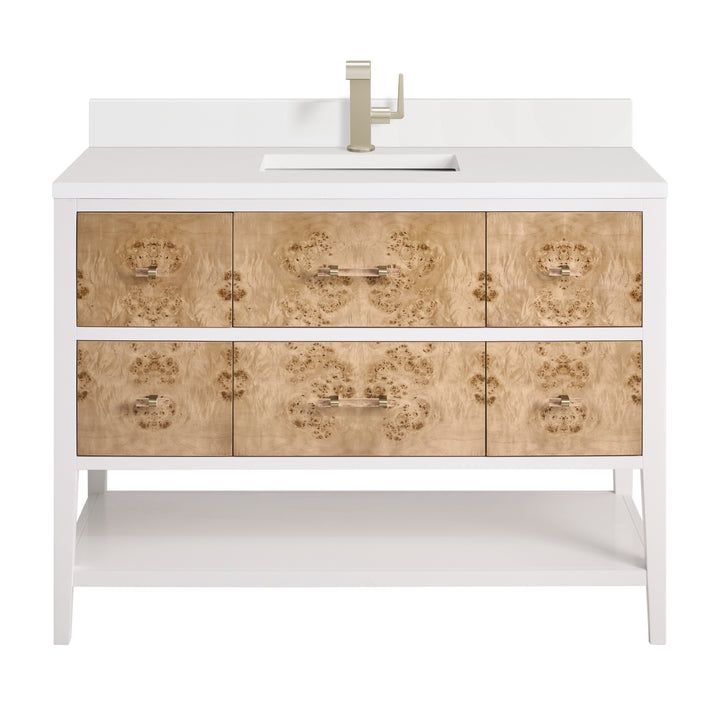 Olena 48" Single Vanity, Light Mappa Burl and Polished White w/ Single Hole 3 CM White Zeus Silestone Top & Backsplash