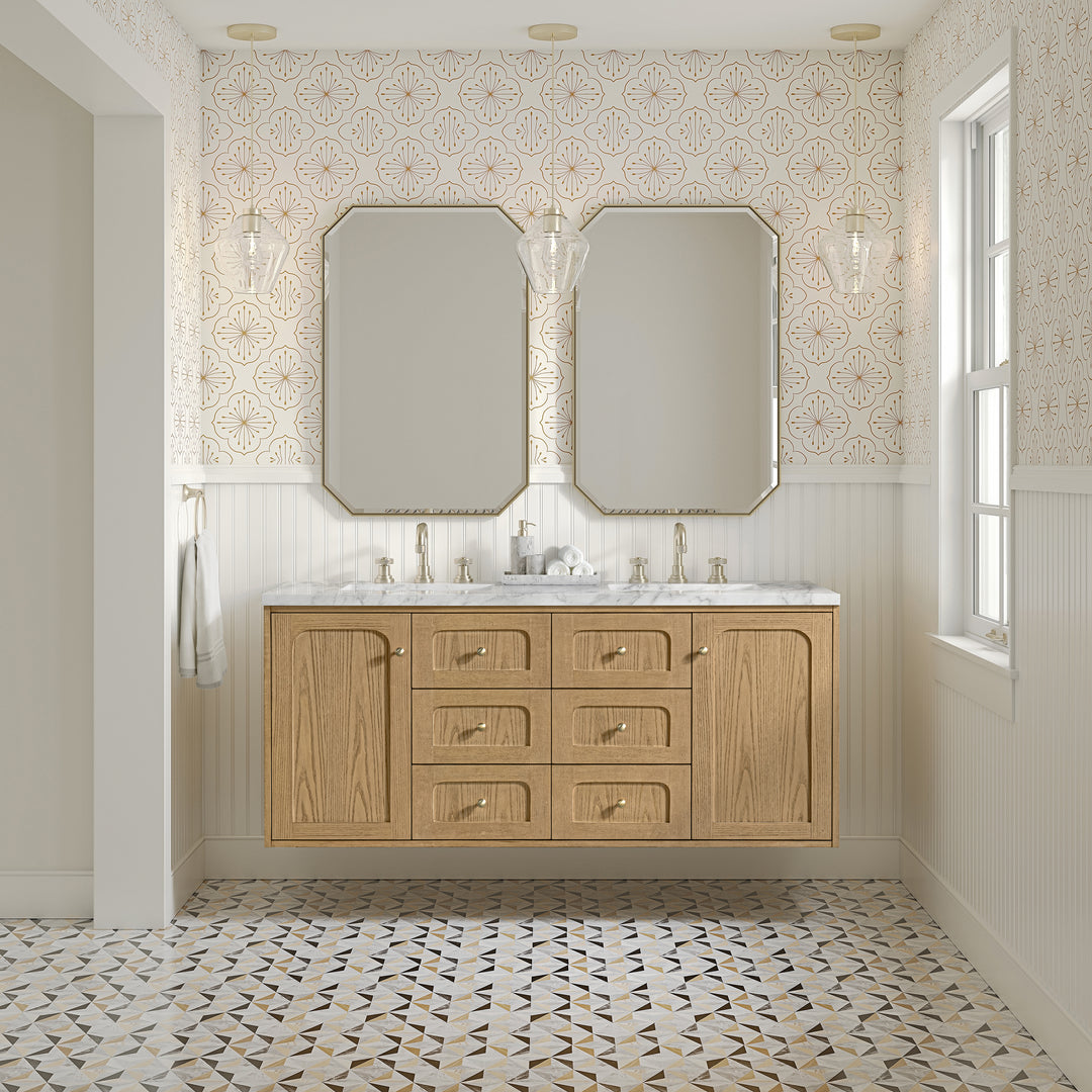 Laurent 60" Double Vanity, Light Natural Oak, w/ 3 CM Carrara Marble Top