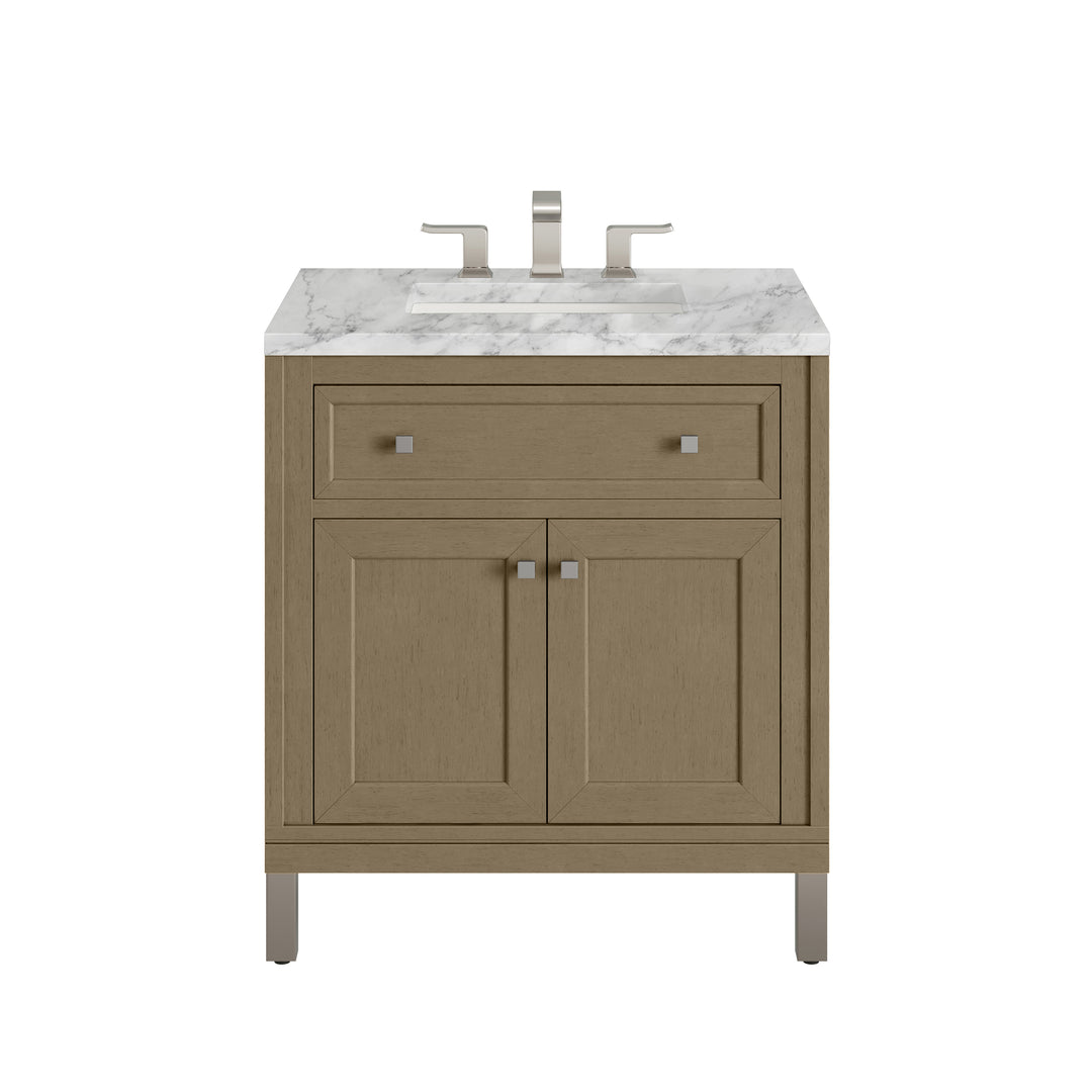 Chicago 30" Single Vanity, Walnut Whisper, w/ 3 CM Carrara Marble Top