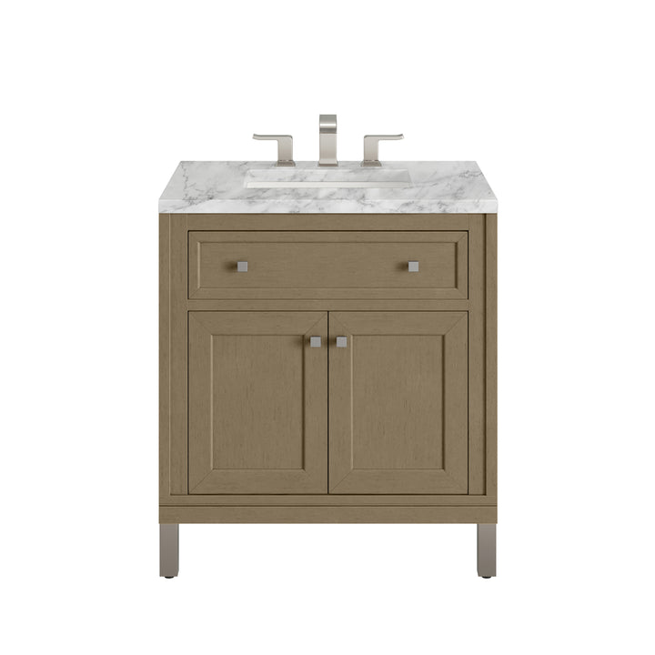 Chicago 30" Single Vanity, Walnut Whisper, w/ 3 CM Carrara Marble Top