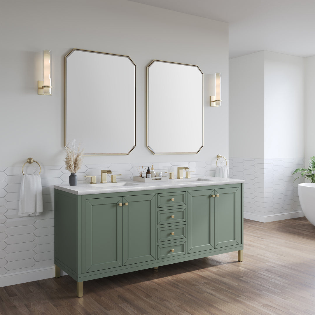 Chicago 72" Double Vanity, Smokey Celadon, w/ 3 CM Arctic Fall Solid Surface Top
