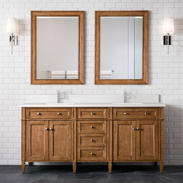 Brittany 72" Double Vanity, Saddle Brown w/ Single Hole 3 CM White Zeus Silestone Top & Backsplash