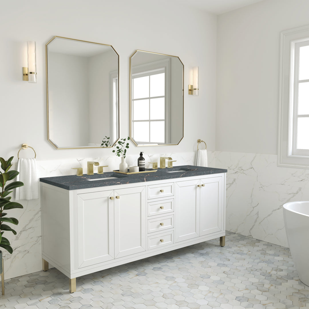 Chicago 72" Double Vanity, Glossy White, w/ 3 CM Parisien Bleu Silestone® Top