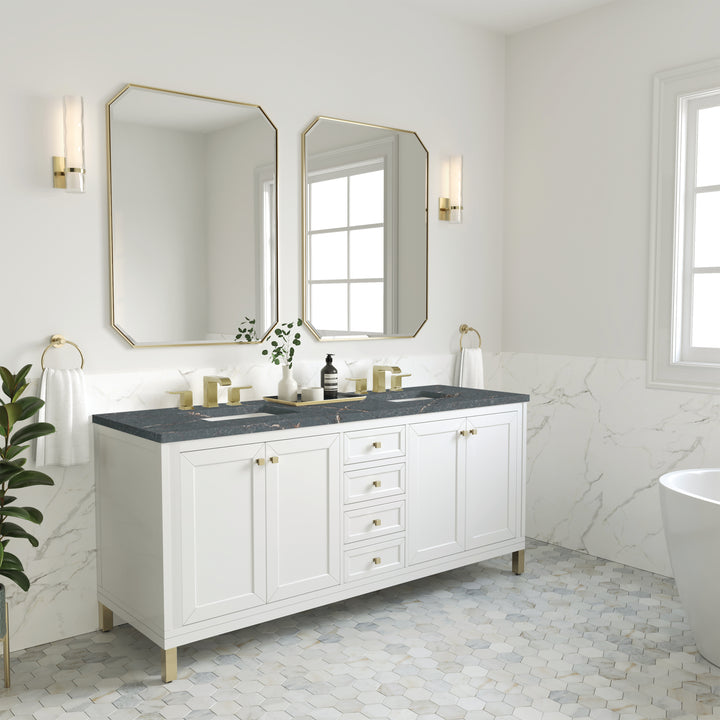 Chicago 72" Double Vanity, Glossy White, w/ 3 CM Parisien Bleu Silestone® Top