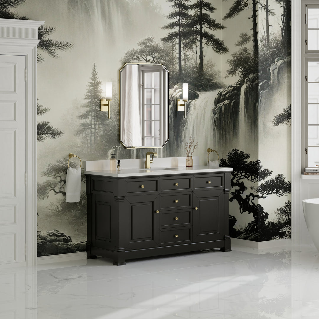 Brookfield 60" Single Vanity, Black Onyx w/ Single Hole 3 CM White Zeus Silestone® Top & Backsplash