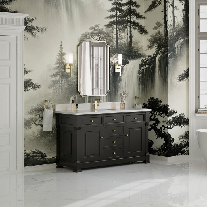 Brookfield 60" Single Vanity, Black Onyx w/ Single Hole 3 CM White Zeus Silestone® Top & Backsplash