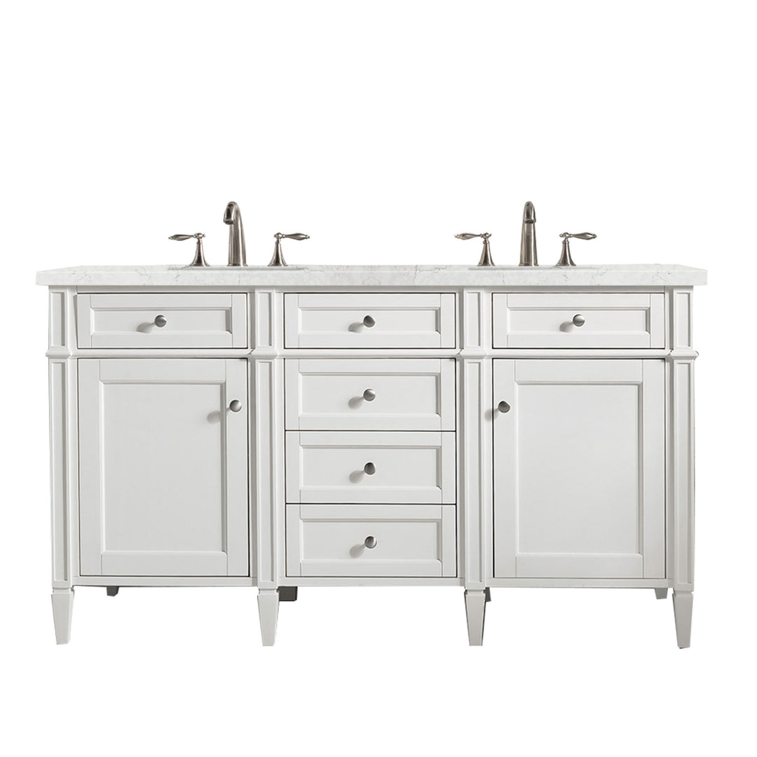 Brittany 60" Double Vanity, Bright White Vanity w/ 3 CM Eternal Jasmine Pearl Silestone Top